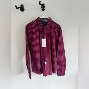 Men's Denim & Flower Red and Navy Checkered Button Down Shirt